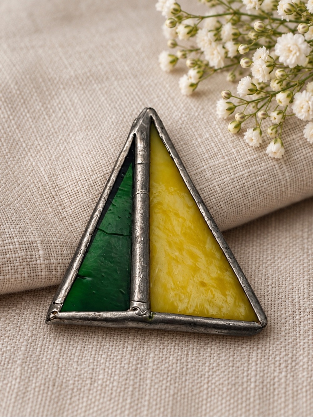 Vintage Handmade Stained Glass Sailboat Brooch Pin • Green & Yellow Nautical